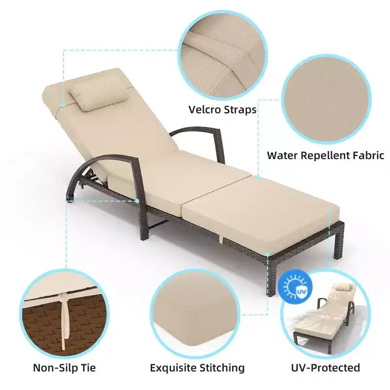 Coolmee Set di 2 Lettini Reclinabili Pieghevoli in Rattan da Esterno, Sdraio da Giardino con Schienale Regolabile in 5 Posizioni e Cuscino, Ideali per Patio e Piscina