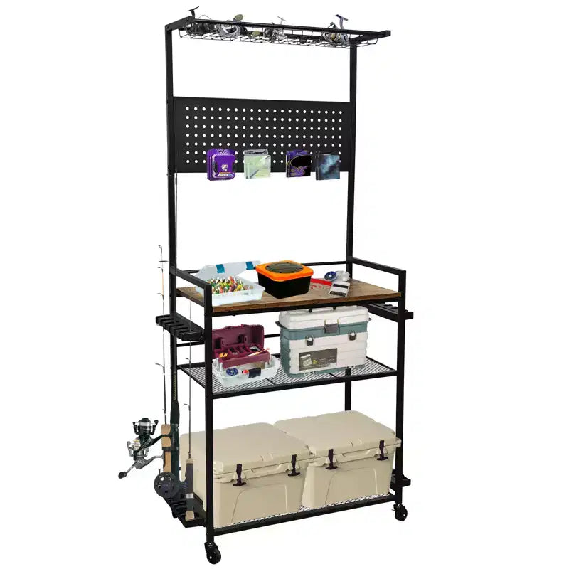Fishing Rod Holders for Garage, 3-Tier Fishing Pole Rack Holds 12 Rods with Hooks & Pegboard, Gear Storage Organizer for Tackle Box Storage