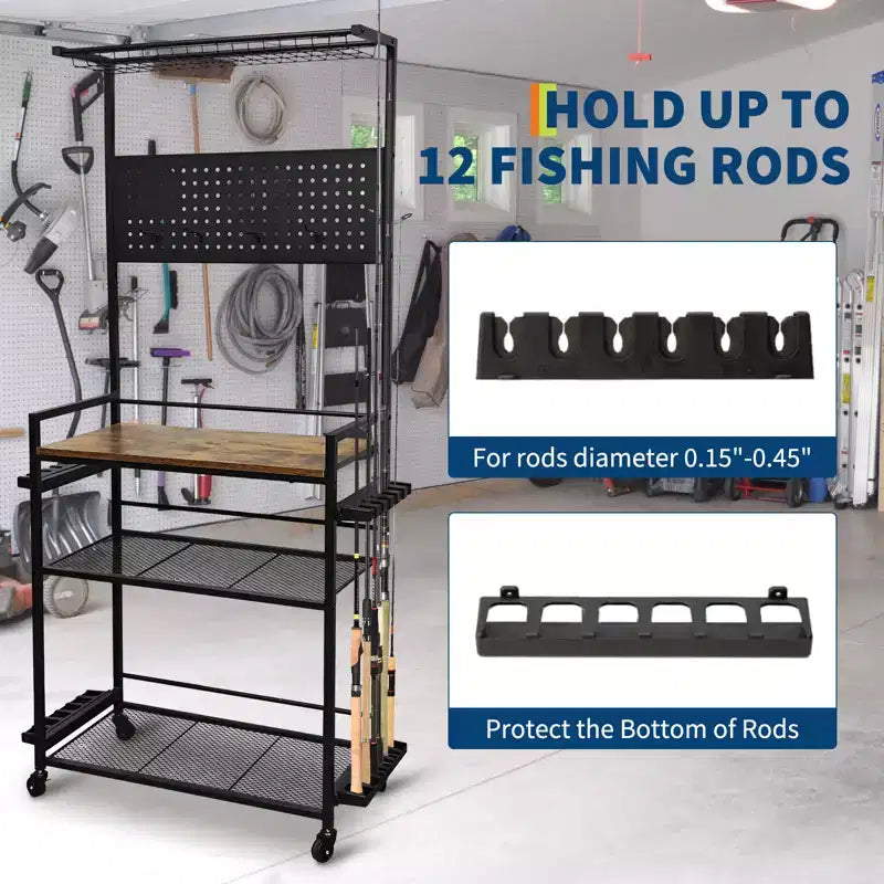 Portacanne da Pesca da Garage, Porta Canna da Pesca a 3 Livelli, Contiene 12 Canne con Ganci e Pannello Forato, Organizzatore per Attrezzatura da Pesca e Scatola per Attrezzi