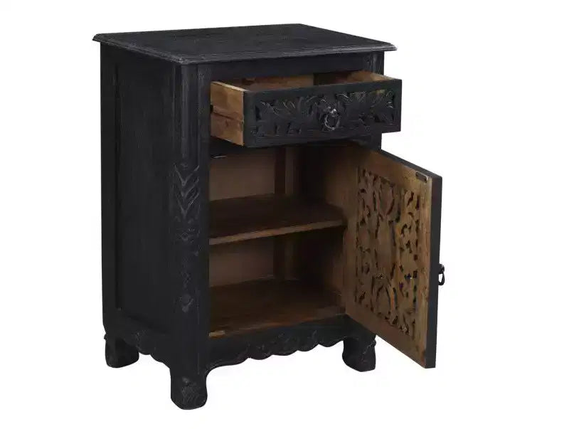 HomeRoots 30 Comodino nero in legno massello anticato con un cassetto