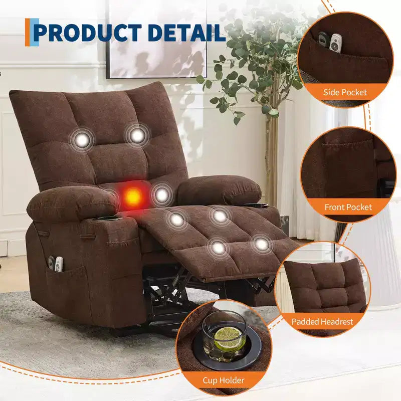 Fauteuil inclinable releveur surdimensionné, Rembourrage doux, Porte-gobelets, Poche latérale, Aide au lever, Fauteuil de relaxation confortable pour salon, chambre à coucher