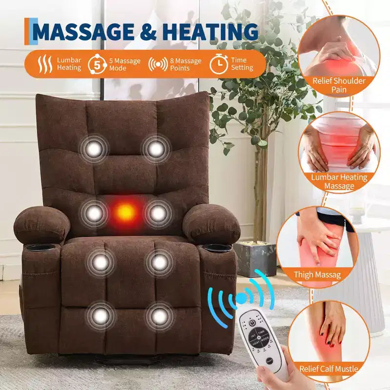 Fauteuil inclinable releveur surdimensionné, Rembourrage doux, Porte-gobelets, Poche latérale, Aide au lever, Fauteuil de relaxation confortable pour salon, chambre à coucher