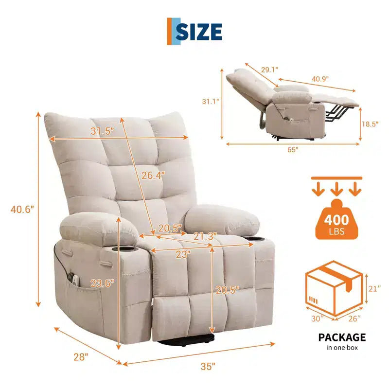 Fauteuil inclinable releveur surdimensionné, Rembourrage doux, Porte-gobelets, Poche latérale, Aide au lever, Fauteuil de relaxation confortable pour salon, chambre à coucher