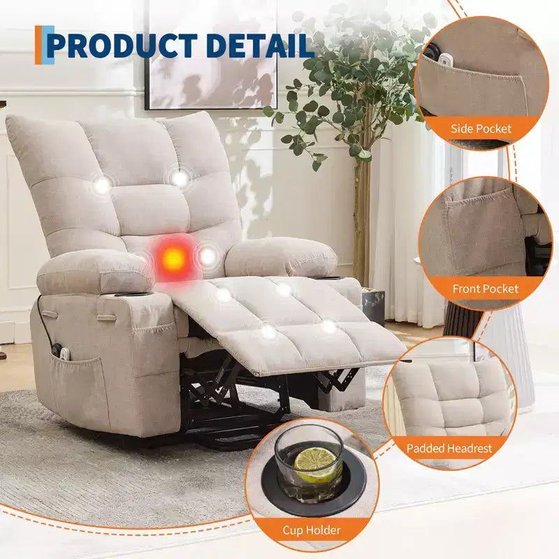 Fauteuil inclinable releveur surdimensionné, Rembourrage doux, Porte-gobelets, Poche latérale, Aide au lever, Fauteuil de relaxation confortable pour salon, chambre à coucher