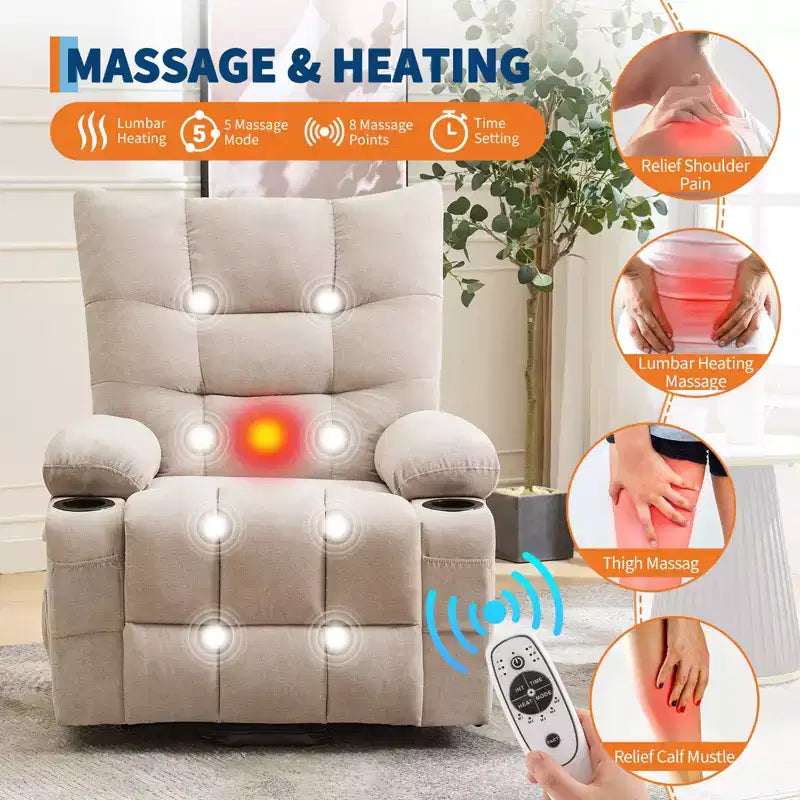 Fauteuil inclinable releveur surdimensionné, Rembourrage doux, Porte-gobelets, Poche latérale, Aide au lever, Fauteuil de relaxation confortable pour salon, chambre à coucher