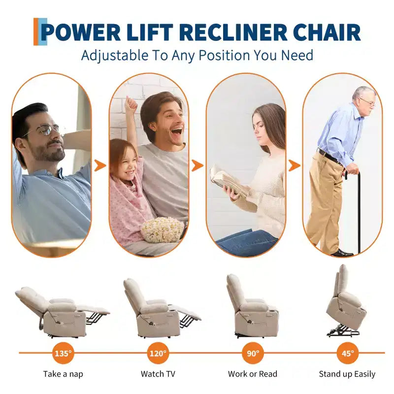 Fauteuil inclinable releveur surdimensionné, Rembourrage doux, Porte-gobelets, Poche latérale, Aide au lever, Fauteuil de relaxation confortable pour salon, chambre à coucher
