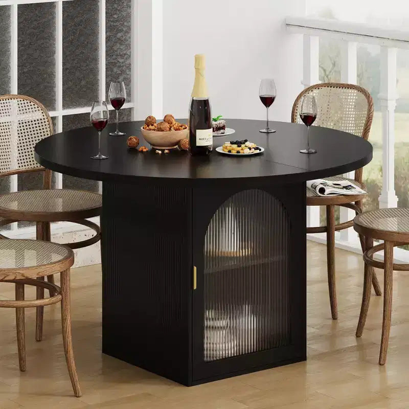 JVNOXK 47tavolo da pranzo rotondo con base moderna, ante in vetro a righe con mobile contenitore, posti a sedere da 4 a 6 persone, ideale per appartamenti o piccoli spazi