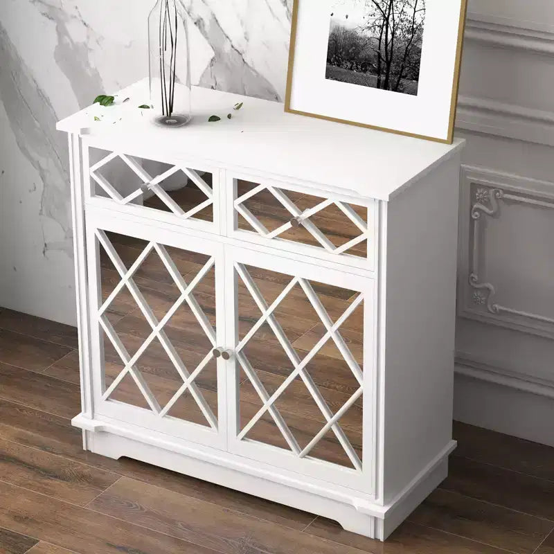 Credenza a buffet Accent con 2 ante a specchio decorative e 2 cassetti estraibili, mobile contenitore moderno per soggiorno, camera da letto