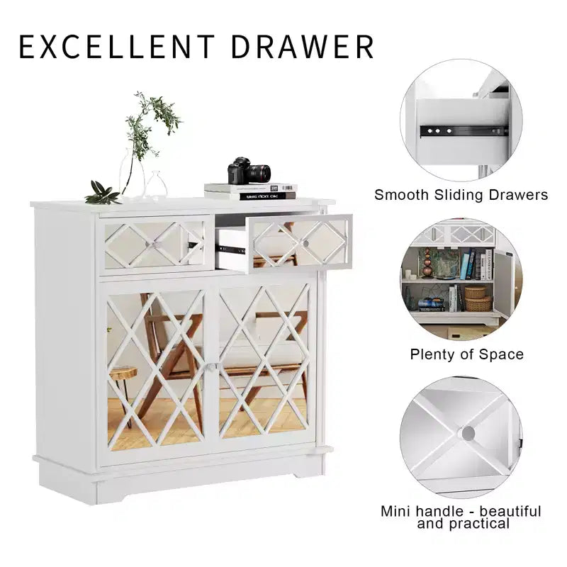Credenza a buffet Accent con 2 ante a specchio decorative e 2 cassetti estraibili, mobile contenitore moderno per soggiorno, camera da letto