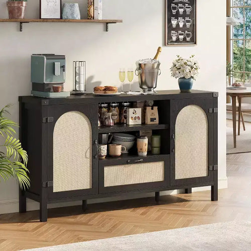 47 Boho Farmhouse Rattan Buffet Cabinet with Adjustable Shelves & Arched Cane Doors,Storage Sideboard for Kitchen, Dining, Living Room & Entryway