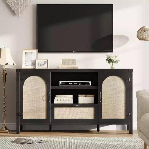 47 Mobile Credenza Rattan Boho da Fattoria con Ripiani Regolabili e Ante Ad Arco in Canneté, Madia Contenitore per Cucina, Sala da Pranzo, Soggiorno e Ingresso
