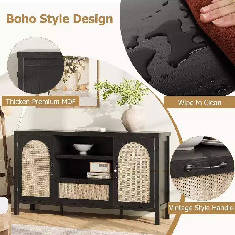 47 Mobile Credenza Rattan Boho da Fattoria con Ripiani Regolabili e Ante Ad Arco in Canneté, Madia Contenitore per Cucina, Sala da Pranzo, Soggiorno e Ingresso