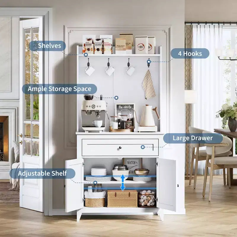 Mobile Buffet Credenza da 160 cm, Mobiletto con 4 Ganci, Cassetto e Ripiani Regolabili, Mobile Contenitore per Cucina, Salotto e Sala da Pranzo