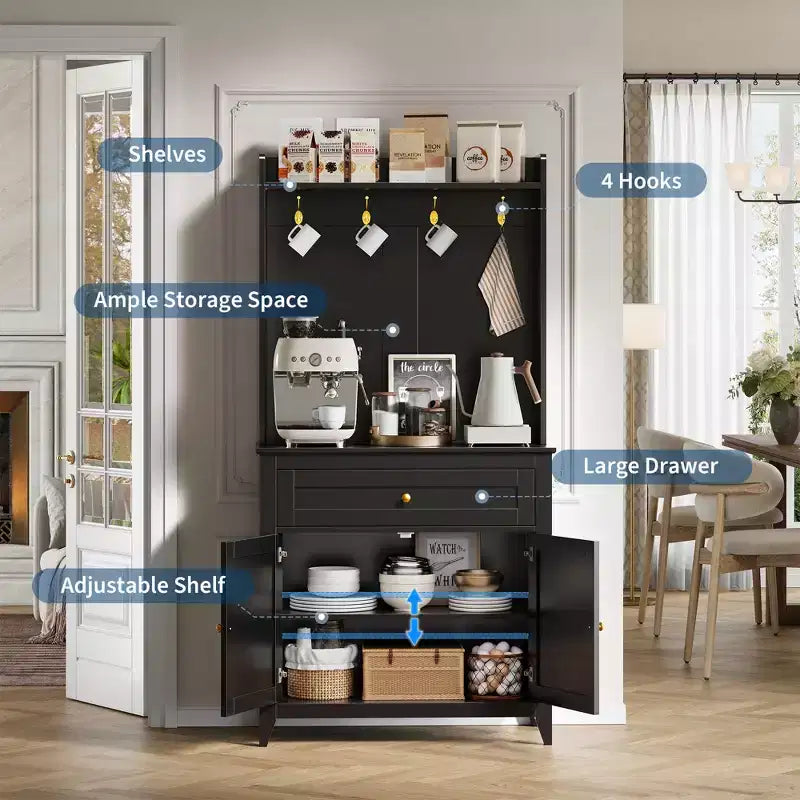 Mobile Buffet Credenza da 160 cm, Mobiletto con 4 Ganci, Cassetto e Ripiani Regolabili, Mobile Contenitore per Cucina, Salotto e Sala da Pranzo