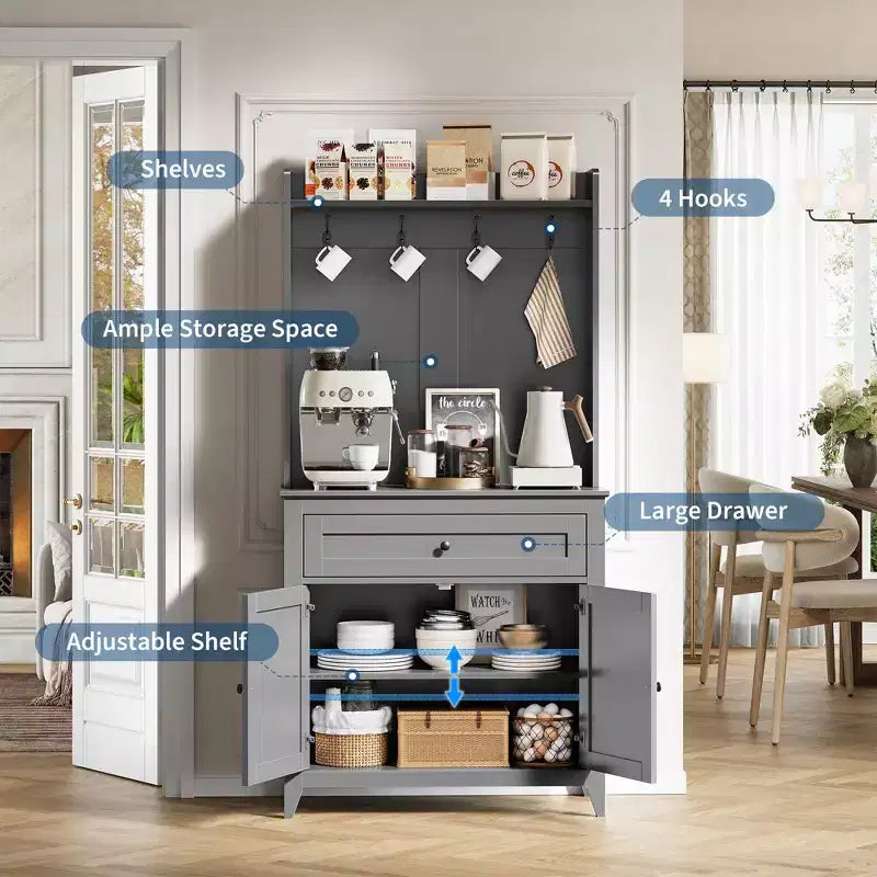 Mobile Buffet Credenza da 160 cm, Mobiletto con 4 Ganci, Cassetto e Ripiani Regolabili, Mobile Contenitore per Cucina, Salotto e Sala da Pranzo