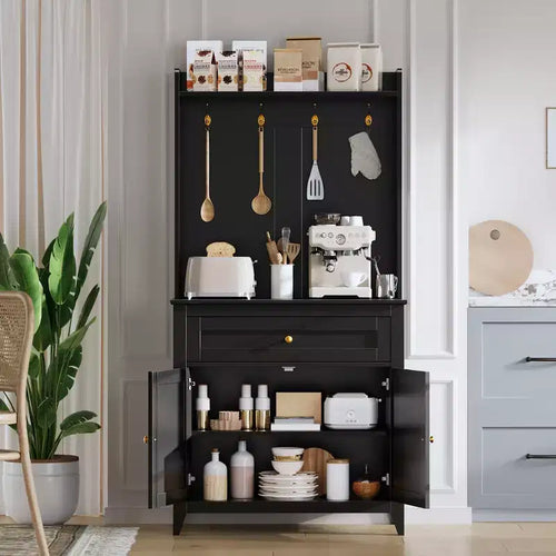 63'' Sideboard Buffet Cabinet, 4 Hooks Cabinet with Drawer & Adjustable Shelves, Kitchen Storage for Kitchen, Living Room & Dining Room