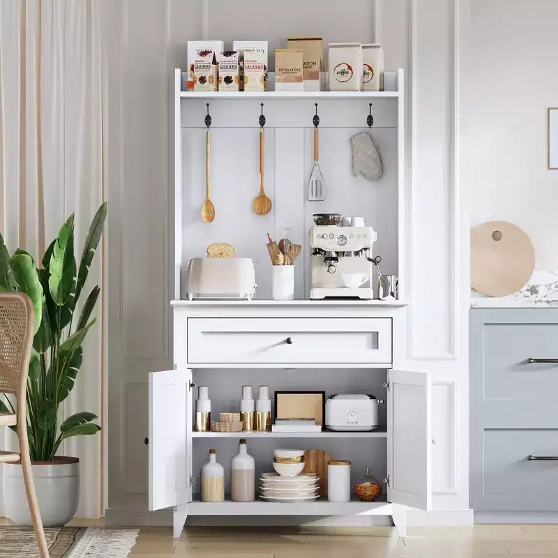 Mobile Buffet Credenza da 160 cm, Mobiletto con 4 Ganci, Cassetto e Ripiani Regolabili, Mobile Contenitore per Cucina, Salotto e Sala da Pranzo