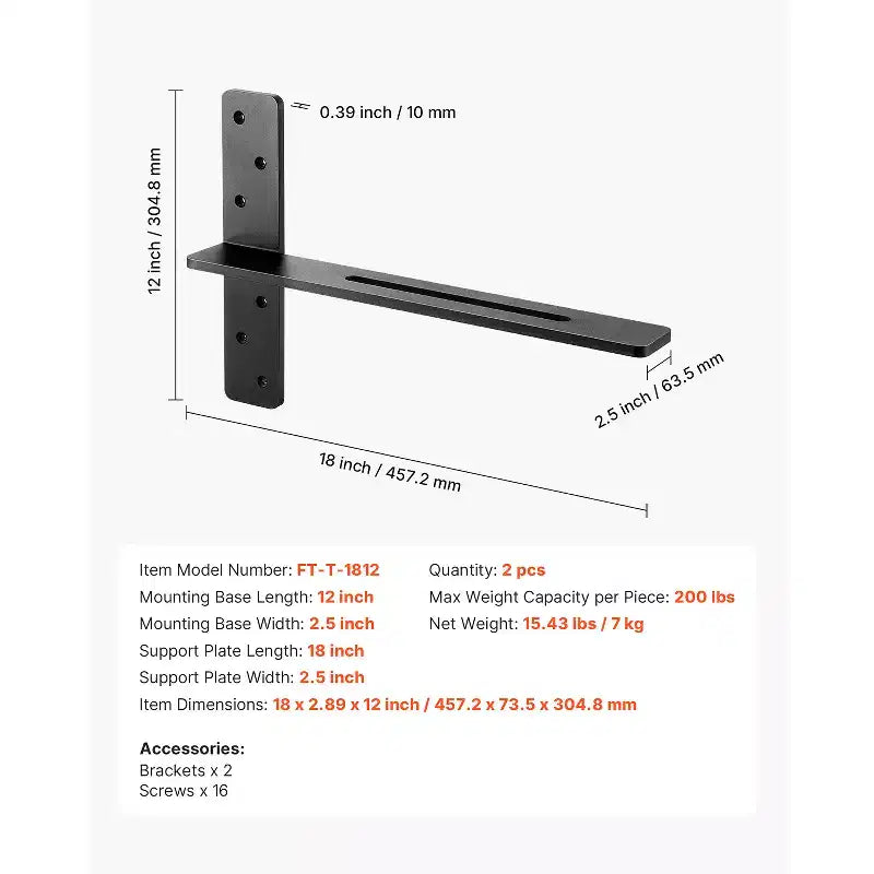VEVOR Staffe a T per Scaffali 2 Pezzi, Capacità di Carico 90 kg, 457.2x73.5x304.8 mm, Staffe per Scaffali in Acciaio Solido Resistenti, Nere