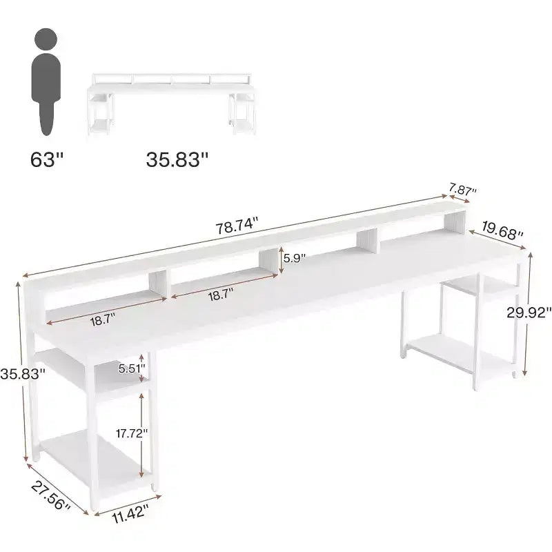 Scrivania Lantine extra lunga da 199,9 cm per due persone con supporto per monitor e mensole portaoggetti, tavolo da studio e lavoro bianco per ufficio domestico.