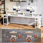 Scrivania Lantine extra lunga da 199,9 cm per due persone con supporto per monitor e mensole portaoggetti, tavolo da studio e lavoro bianco per ufficio domestico.