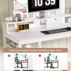 Scrivania Lantine extra lunga da 199,9 cm per due persone con supporto per monitor e mensole portaoggetti, tavolo da studio e lavoro bianco per ufficio domestico.