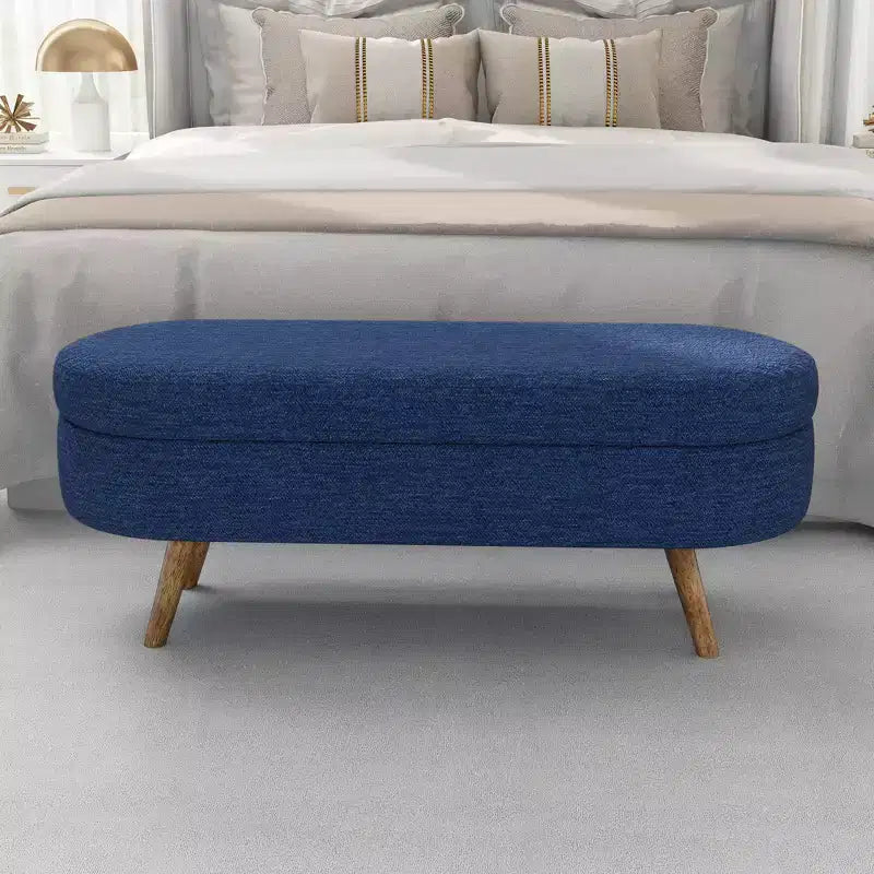 Banc de rangement ottoman Zeus et Ruta en tissu ovale avec pieds en bois d'hévéa