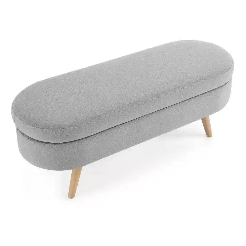 Banc de rangement ottoman Zeus et Ruta en tissu ovale avec pieds en bois d'hévéa