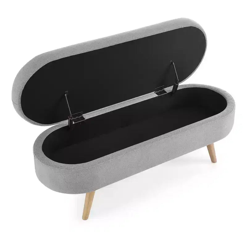 Banc de rangement ottoman Zeus et Ruta en tissu ovale avec pieds en bois d'hévéa