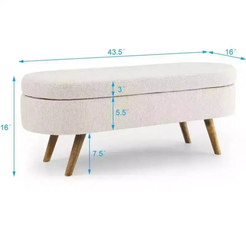 Banc de rangement ottoman Zeus et Ruta en tissu ovale avec pieds en bois d'hévéa