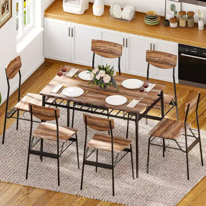 Ensemble de salle à manger 7 pièces Karl Home pour 6 personnes, table de cuisine de 109,9 cm et chaises en bois avec rangement et dossier