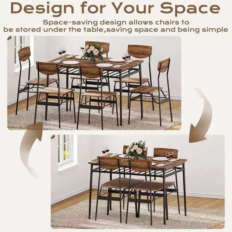 Ensemble de salle à manger 7 pièces Karl Home pour 6 personnes, table de cuisine de 109,9 cm et chaises en bois avec rangement et dossier