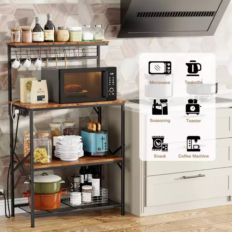 Qwatto Kitchen Bakers Rack con prese di corrente da 31,5 pollici, stazione da caffè, scaffale porta microonde a 4 ripiani con ganci a S, tavolo multiuso marrone