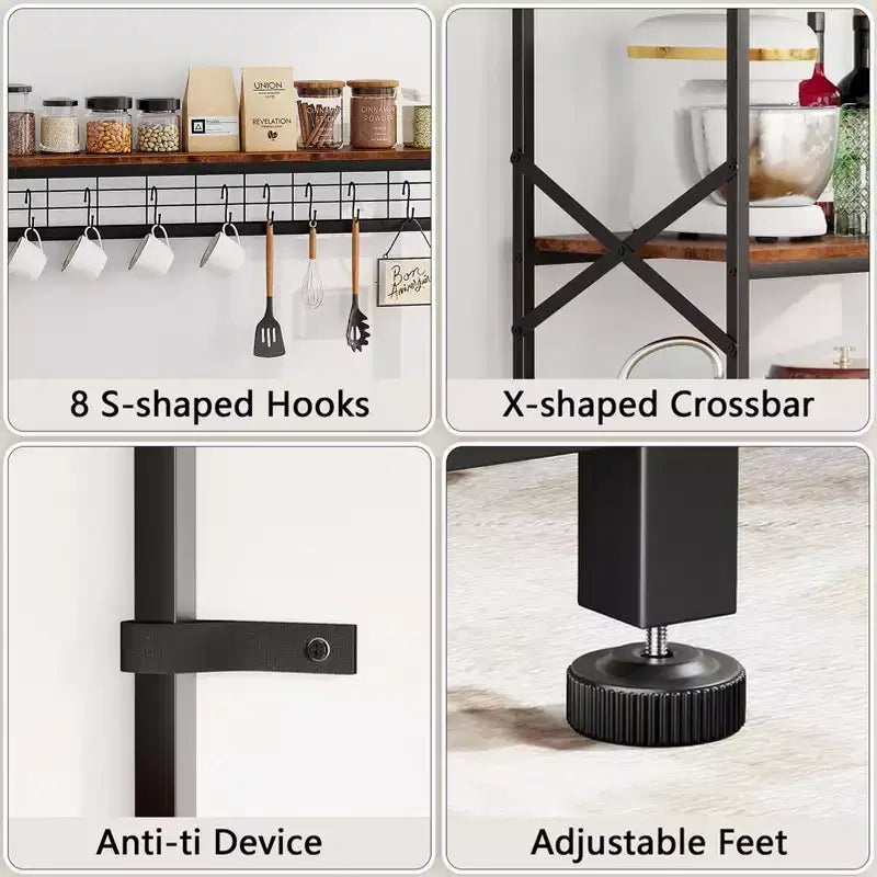 Qwatto Kitchen Bakers Rack con prese di corrente da 31,5 pollici, stazione da caffè, scaffale porta microonde a 4 ripiani con ganci a S, tavolo multiuso marrone