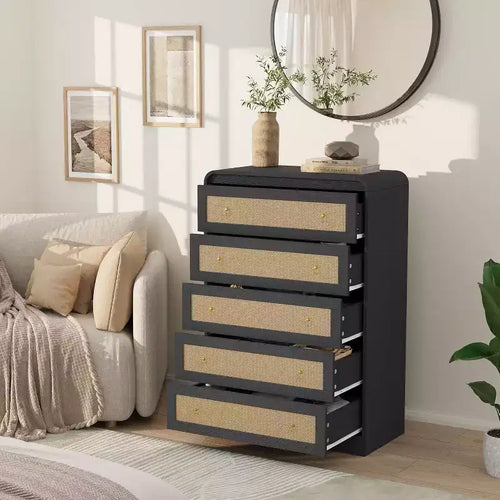 5 Drawer Dresser for Bedroom, 31''Tall Rattan Dresser,Wooden Dresser for Closet,Rounded Corners TV Stand, Modern Dressers for Living Room, Hallway