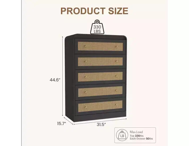 Cassettiera a 5 cassetti per camera da letto, cassettiera alta 80 cm in rattan, cassettiera in legno per armadio, porta TV con angoli arrotondati, cassettiere moderne per soggiorno, corridoio