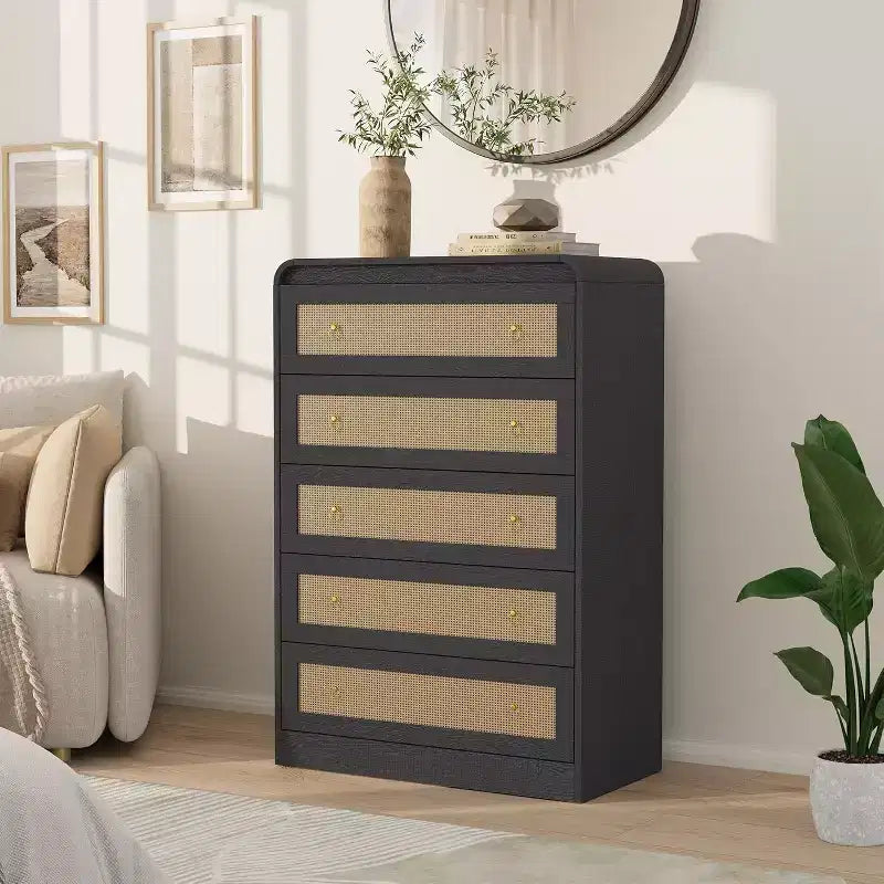 Cassettiera a 5 cassetti per camera da letto, cassettiera alta 80 cm in rattan, cassettiera in legno per armadio, porta TV con angoli arrotondati, cassettiere moderne per soggiorno, corridoio