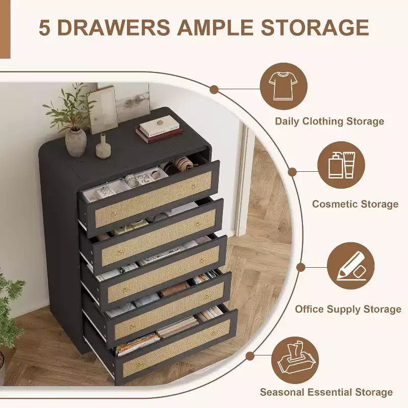 Cassettiera a 5 cassetti per camera da letto, cassettiera alta 80 cm in rattan, cassettiera in legno per armadio, porta TV con angoli arrotondati, cassettiere moderne per soggiorno, corridoio