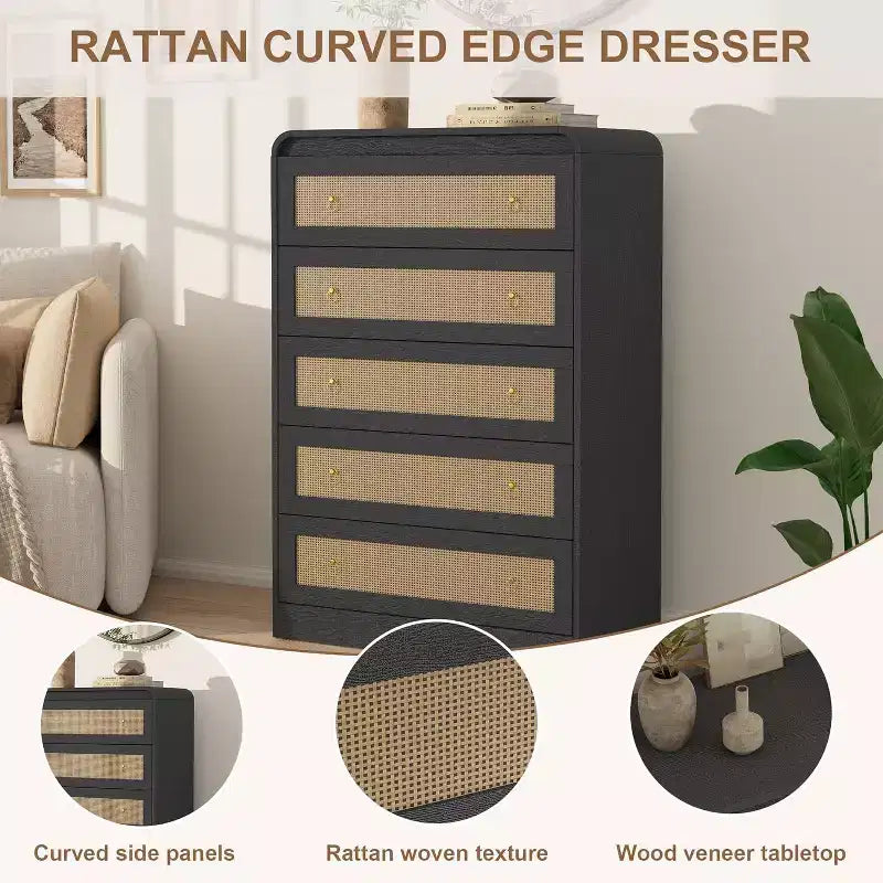 Cassettiera a 5 cassetti per camera da letto, cassettiera alta 80 cm in rattan, cassettiera in legno per armadio, porta TV con angoli arrotondati, cassettiere moderne per soggiorno, corridoio