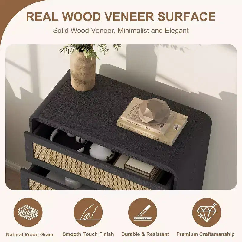 Cassettiera a 5 cassetti per camera da letto, cassettiera alta 80 cm in rattan, cassettiera in legno per armadio, porta TV con angoli arrotondati, cassettiere moderne per soggiorno, corridoio