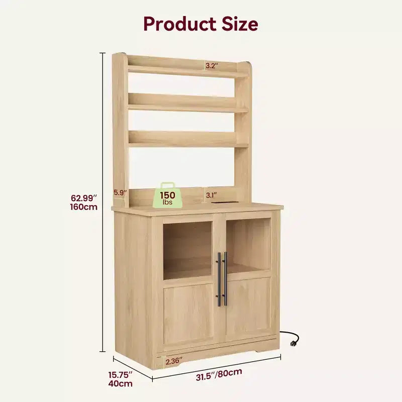 Scaffale da Panettiere in Stile Rustico, Credenza in Legno Rustico con Sportello in Vetro, Armadietto, Organizer per Dispensa da Cucina, Supporto per Microonde