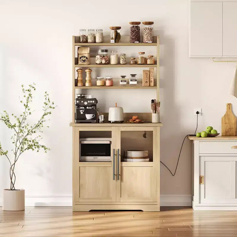 Scaffale da Panettiere in Stile Rustico, Credenza in Legno Rustico con Sportello in Vetro, Armadietto, Organizer per Dispensa da Cucina, Supporto per Microonde