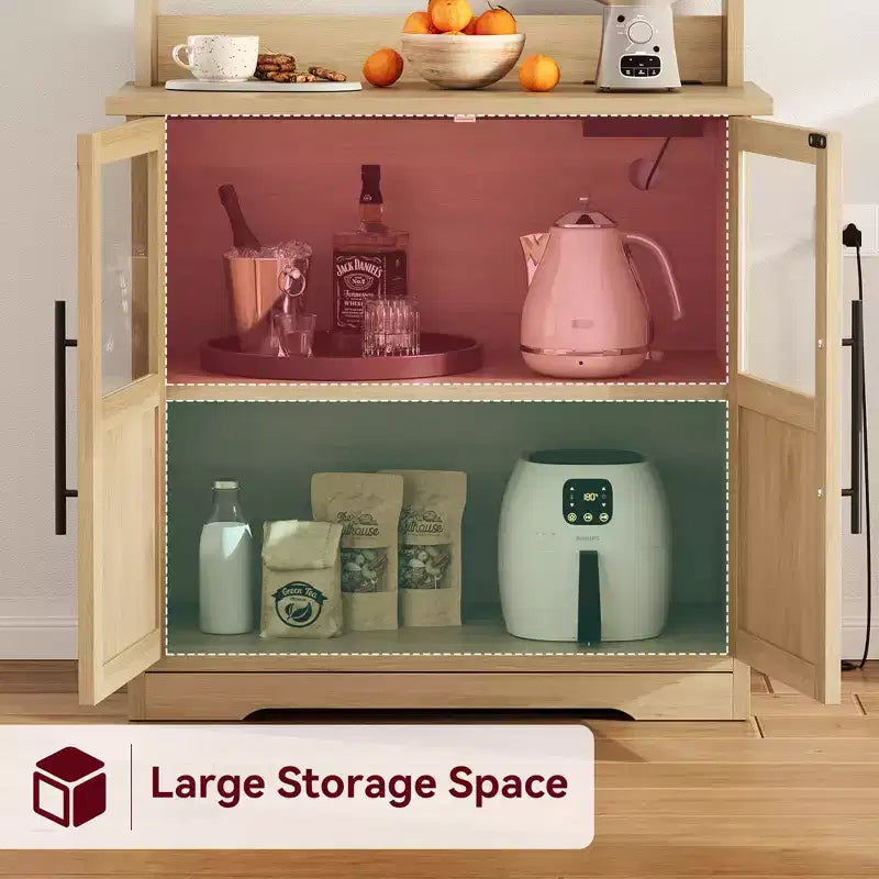 Scaffale da Panettiere in Stile Rustico, Credenza in Legno Rustico con Sportello in Vetro, Armadietto, Organizer per Dispensa da Cucina, Supporto per Microonde