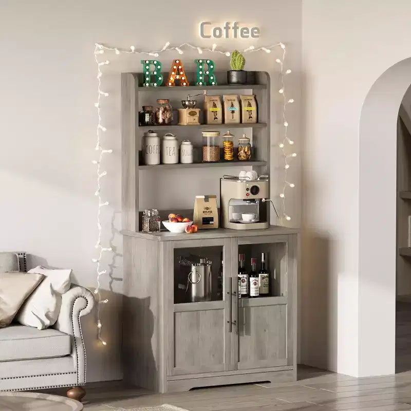 Scaffale da Panettiere in Stile Rustico, Credenza in Legno Rustico con Sportello in Vetro, Armadietto, Organizer per Dispensa da Cucina, Supporto per Microonde