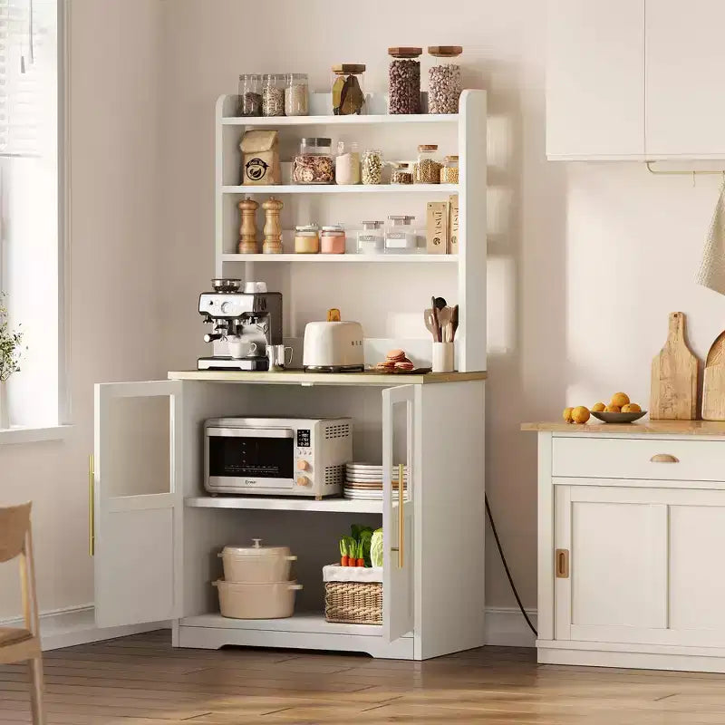 Scaffale da Panettiere in Stile Rustico, Credenza in Legno Rustico con Sportello in Vetro, Armadietto, Organizer per Dispensa da Cucina, Supporto per Microonde