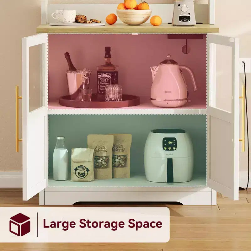 Scaffale da Panettiere in Stile Rustico, Credenza in Legno Rustico con Sportello in Vetro, Armadietto, Organizer per Dispensa da Cucina, Supporto per Microonde