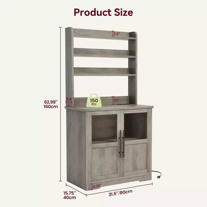 Scaffale da Panettiere in Stile Rustico, Credenza in Legno Rustico con Sportello in Vetro, Armadietto, Organizer per Dispensa da Cucina, Supporto per Microonde
