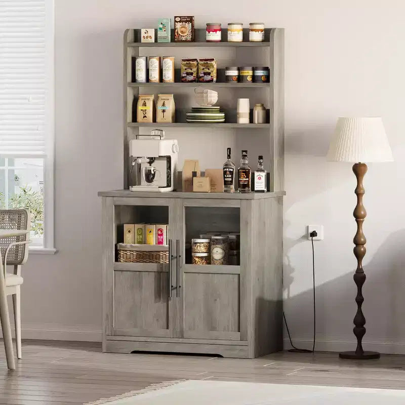 Scaffale da Panettiere in Stile Rustico, Credenza in Legno Rustico con Sportello in Vetro, Armadietto, Organizer per Dispensa da Cucina, Supporto per Microonde