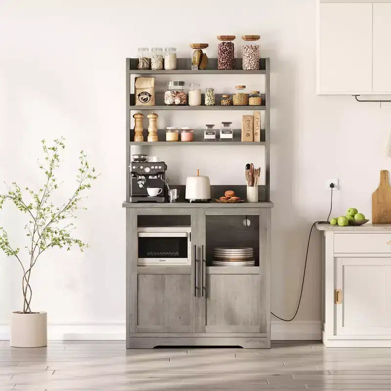 Scaffale da Panettiere in Stile Rustico, Credenza in Legno Rustico con Sportello in Vetro, Armadietto, Organizer per Dispensa da Cucina, Supporto per Microonde