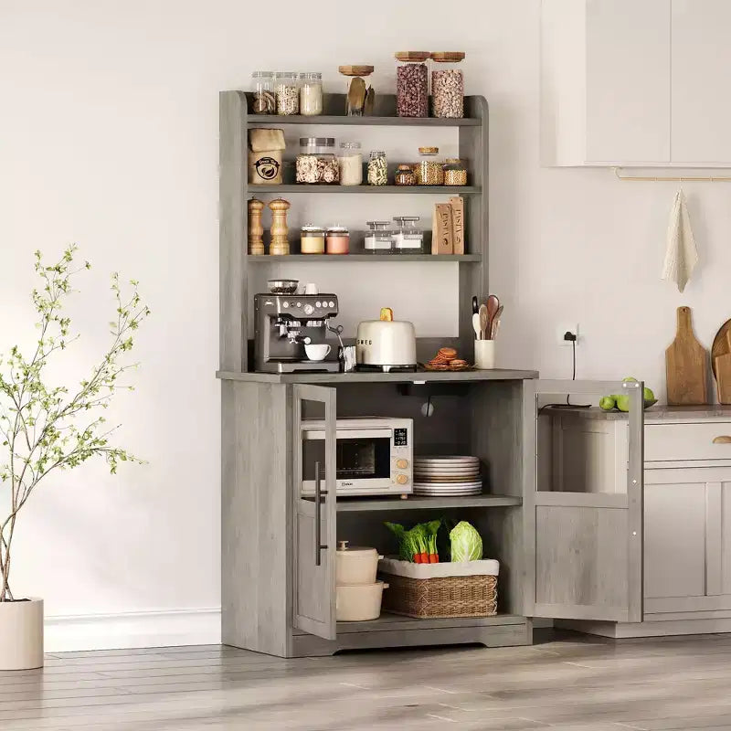 Farmhouse Bakers Rack, Rustic Wood Hutch with Glass Door Storage Cabinet, Kitchen Pantry Organizer Microwave Stand