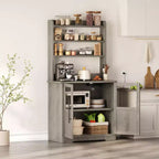 Farmhouse Bakers Rack, Rustic Wood Hutch with Glass Door Storage Cabinet, Kitchen Pantry Organizer Microwave Stand
